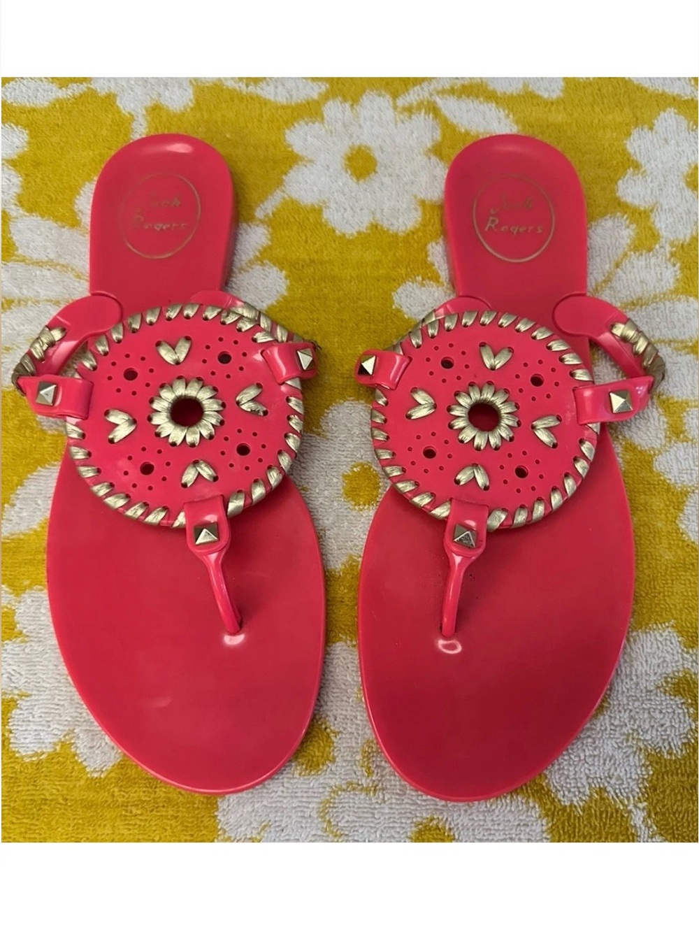 Jack Rogers Georgica Jelly Thong Sandals Gold Studded Coral Pink Women’s 8 EU 38
